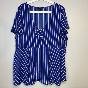 Torrid Womens Plus Sz 3X Blue White Striped With Bow Blouse Flutter Short Sleeve